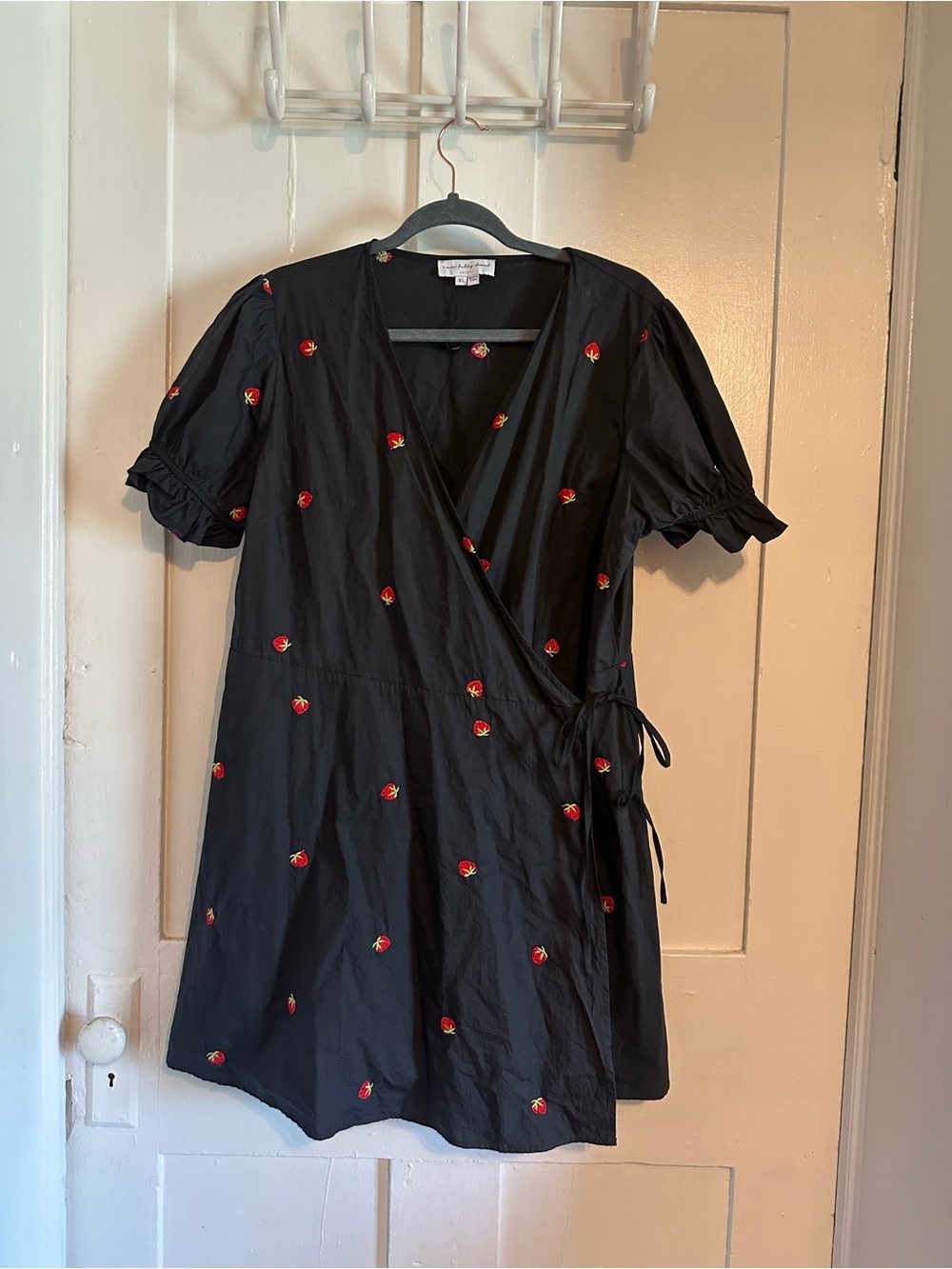 Never Fully Dressed Black Wrap Mini Dress with Strawberry Embroidery